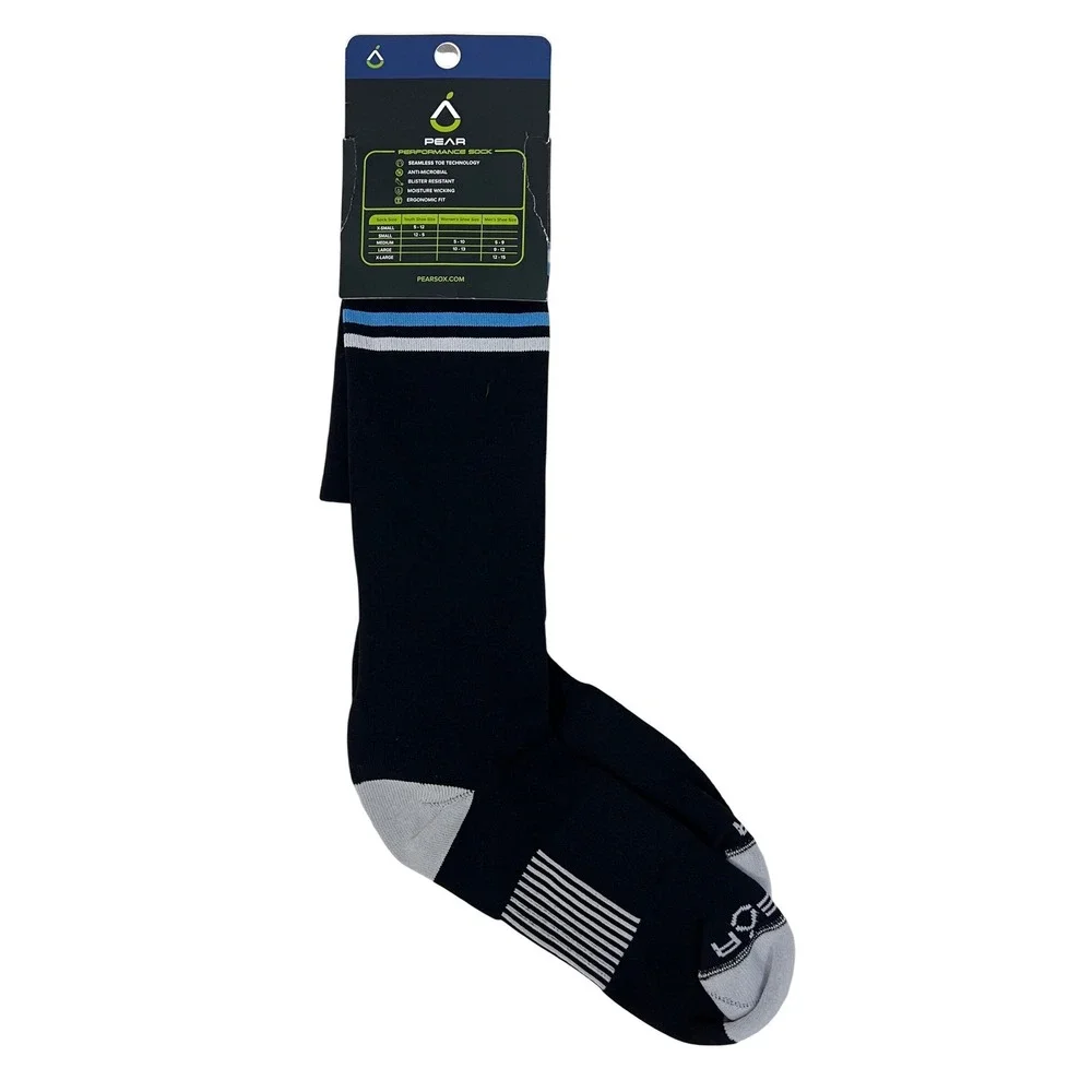 Pear Performance Socks Mens Large Black‎ Blue White Striped Over Calf Soccer NEW